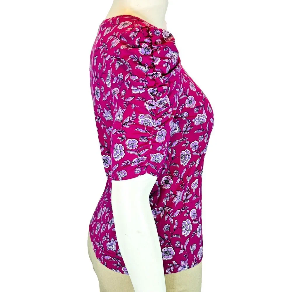 LOFT Blouse Womens M Purple Floral Chintz Short Puff Ruched Sleeves Round Neck